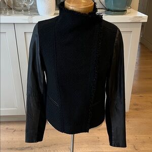 Vince Black Boucle Tweed Jacket body and lamb leather sleeve with jersey inset